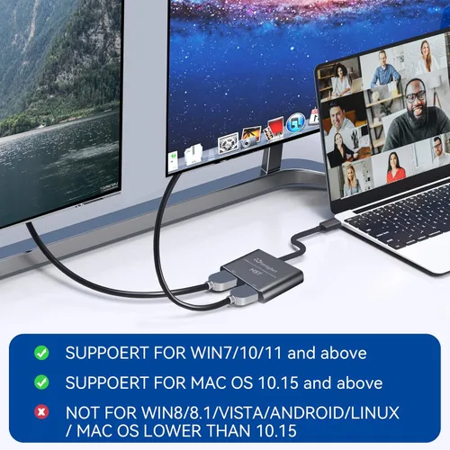 Vista 2 de Adaptador USB a HDMI para 2 monitores, USB 3.0 a HDMI dual para 3 monitores, USB a HDMI con dos displau HD compatible con Mac y Windows/Extensor