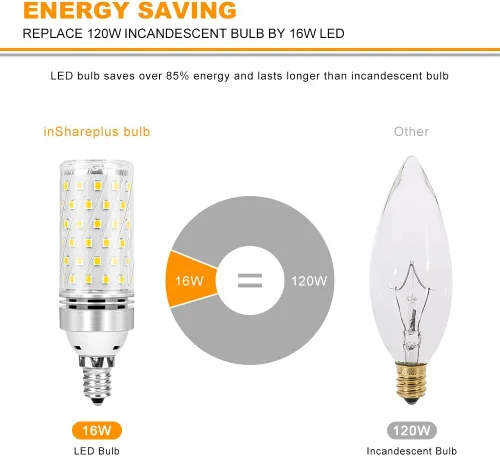Vista 2 de inShareplus Bombillas LED E12, candelabro de 16 W, blanco cálido 3000 K, CRI80+, equivalente a 1500 lm 120 W, base E12, bombillas LED no regulables