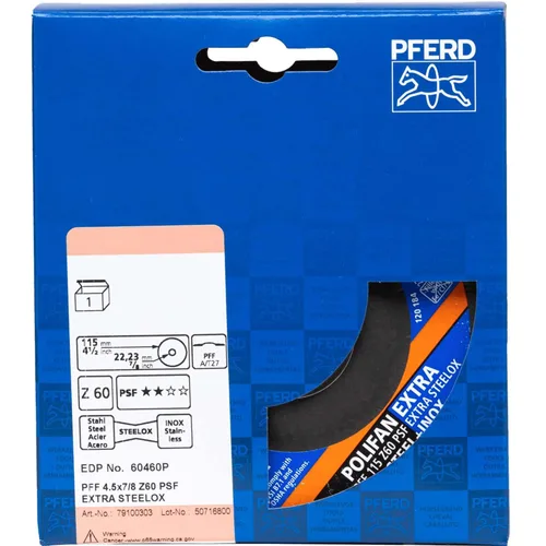 Vista 12 de PFERD POLIFAN® Disco Flap 4-1/2" x 7/8" Plano PSF-Extra, Circonita, Grano 40 (Paquete de 1) - Parte 60458