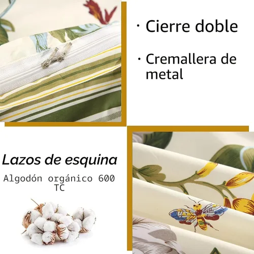 Vista 3 de FADFAY Juego de funda de edredón floral 100% algodón a rayas verdes y beige, ropa de cama de flores desgastadas con diseño de ramas botánicas
