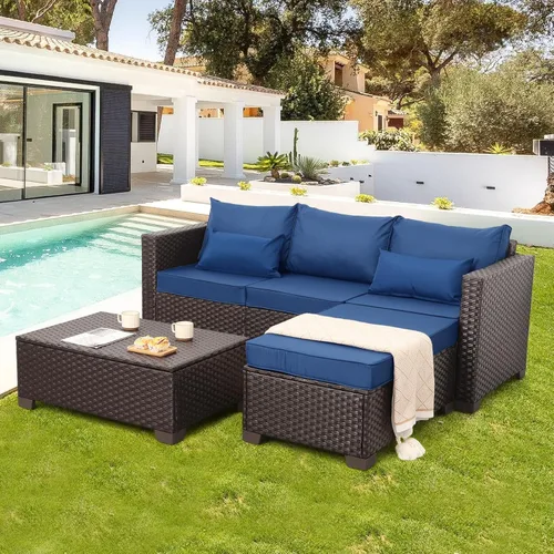 Vista 11 de Juego de muebles de patio de 3 piezas, juego de sofá modular para exteriores, muebles de mimbre para patio, sofá al aire libre, mesa auxiliar Azul