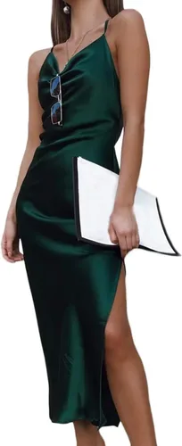 Vista 2 de xxxiticat - Vestido con tirantes delgados de satén sin mangas para cócteles playa y fiestas con cuello caído vestido de longitud media con lunares