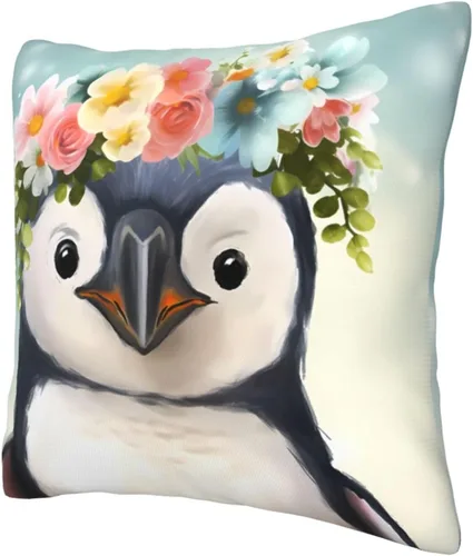 Vista 3 de Funda de cojín cuadrada suave con estampado de pingüinos con estampado de flores, para decoración del hogar, sala de estar, cama, sofá automóvil, 18
