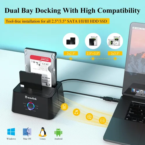 Vista 3 de WAVLINK Estación de acoplamiento de disco duro externo USB 3.0 y USB C a SATA de doble bahía para HDD/SSD de 2.5/3.5 pulgadas con UASP (6Gbps)