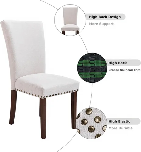 Vista 4 de Juego de 6 sillas de comedor tapizadas color beige - Sillas de cocina estilo granja con respaldo alto, patas de madera de caucho maciza, asiento