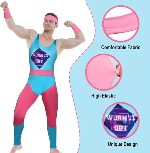 Vista 4 de TWOWYHI Disfraces de Halloween para fiesta de Halloween de los años 80 para hombre, disfraz de entrenamiento con leggings, cubierta de pierna