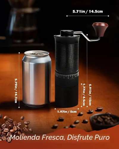 Vista 3 de Molinillo de café manual con rebabas de acero inoxidable, molinillo de mano de 1.12 onzas para expreso, goteo, prensa francesa, con 35 ajustes Negro