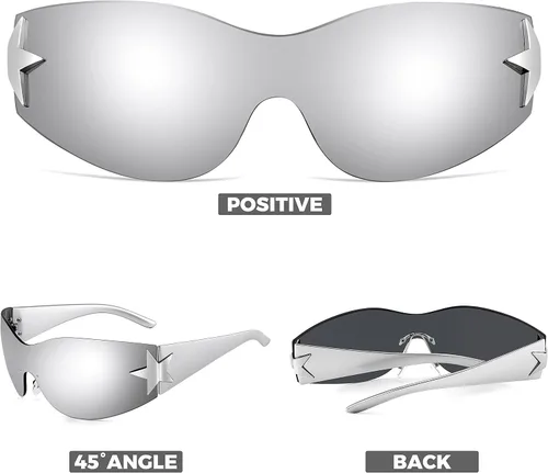 Vista 2 de FEISEDY Y2K - Lentes de sol para mujeres y hombres, de los años 2000, sin marco, sin marco, con estrellas, B9090 Plateado(Mirrored Silver)