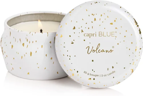 Vista 21 de Capri Blue Glimmer Mini Tin - Vela perfumada a manzana con mini portavelas, mezcla de cera de soja, Capri Blue Apple Cider Social Red and Gold