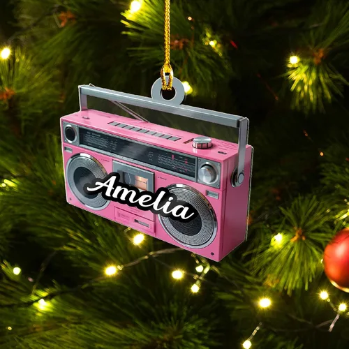 Vista 3 de Adorno de radio personalizado 2025, adorno de radio retro personalizado, cinta de cassette, adornos retro, adornos de radio de Navidad, adornos