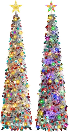 Vista 15 de MACTING Árbol de Navidad desplegable con 50 luces LED con temporizador, 5 pies, árbol de lápiz de oropel plegable de fácil montaje, árbol artificial