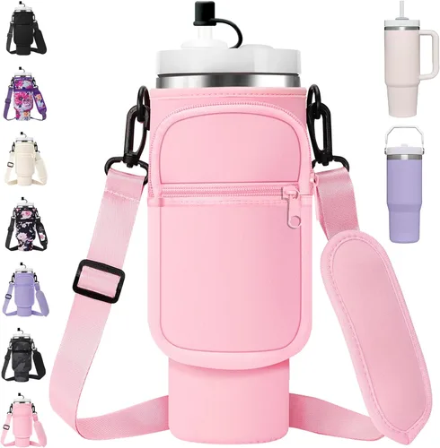 Vista 13 de AceTreker Bolsa de transporte para botella de agua con correa para vaso Stanley de 40/30 onzas, funda aislante de neopreno con bolsillo para 01-Crema