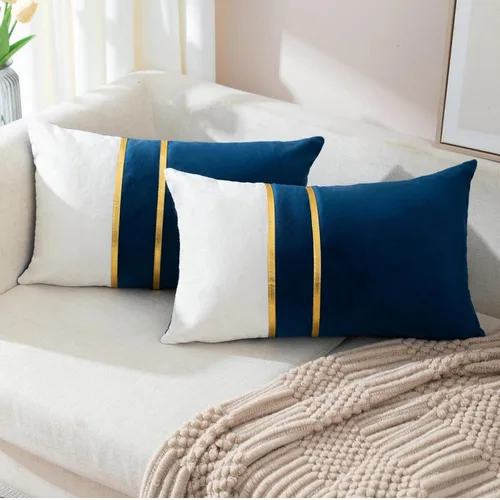 Vista 26 de ZLINA Juego de 2 fundas de almohada decorativas de terciopelo verde aguamarina y blanco con parches y cuero dorado de 16 × 16 pulgadas, fundas