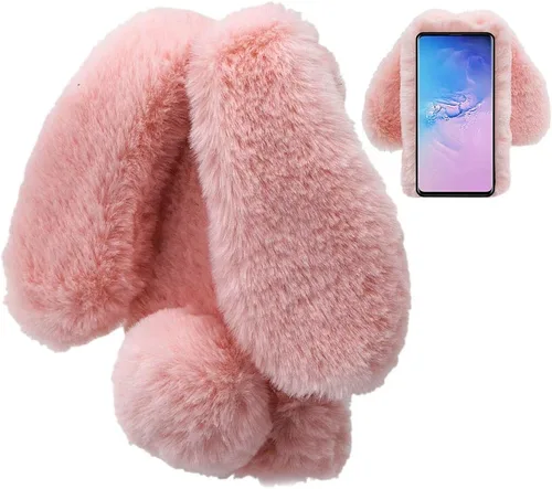Vista 6 de LCHDA Funda de conejo para Samsung Galaxy S21 FE 5G, lindas orejas de conejo 3D, bola de pelo suave y peluda, cálida, de piel sintética, esponjosa