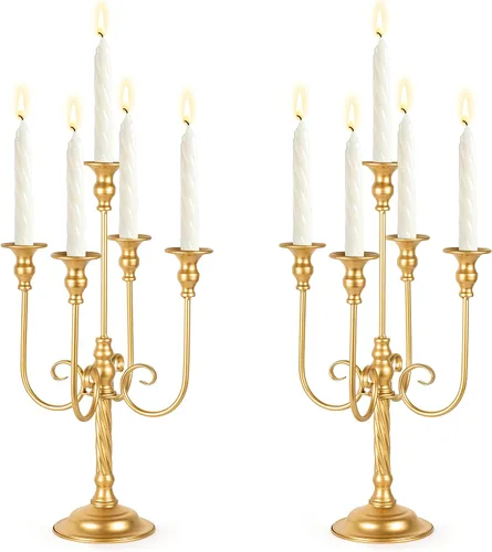 Vista 7 de Centros de mesa de candelabros para mesas, 2 portavelas alto de metal para velas cónicas, 5 brazos para decoración de centros de mesa de boda Negro