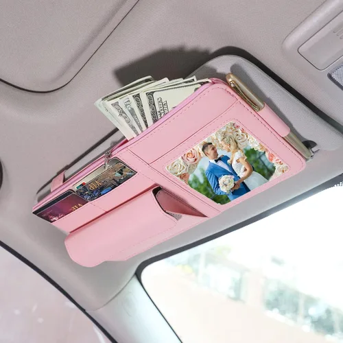 Vista 8 de Organizador de visera para automóvil, bolsa de almacenamiento organizadora de visera con marco de fotos y soporte para lentes de sol, práctico