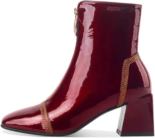 Vista 2 de TinaCus Botines de moda con punta cuadrada de charol para mujer, hechos a mano, con cremallera frontal, tacones gruesos, 4.5-10.5