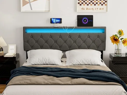 Vista 6 de IKIFLY Cabecera tapizada tamaño Queen con luces LED, puerto USB y tipo C 39.4"-43.3" Adjustable Height, Button Tufted Linen Fabric Padded Queen