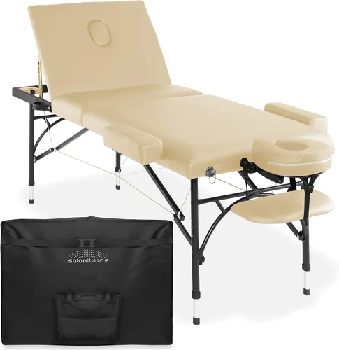 Vista 11 de Saloniture Mesa de masaje profesional portátil ligera de tres pliegues con patas de aluminio, incluye reposacabezas, soporte facial, reposabrazos