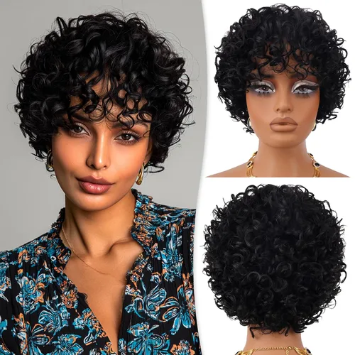 Vista 20 de RUWISS Peluca de cabello humano con corte Pixie, peluca de cabello humano con flequillo, peluca negra corta natural en capas, ondulada