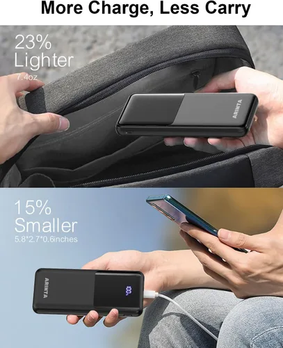 Vista 8 de Cargador portátil Power Bank de 10000 mAh PD 22.5 W, pantalla LED y entrada USB-C, artículos esenciales de viaje, compatible con teléfonos Negro