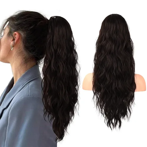 Vista 36 de FLUFYMOOZ Extensión de cola de caballo de 22 pulgadas, extensiones de cabello sintético ondulado largo y rizado para mujer