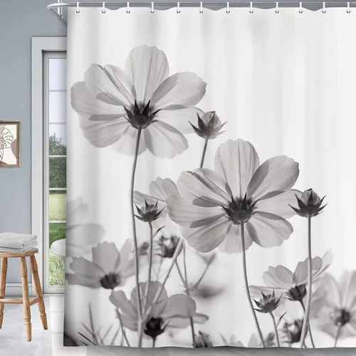 Vista 36 de MERCHR Cortina única floral azul para decoración de baño, cortina de ducha estilo granja con flores de margarita azul y gris elegantes y diseño