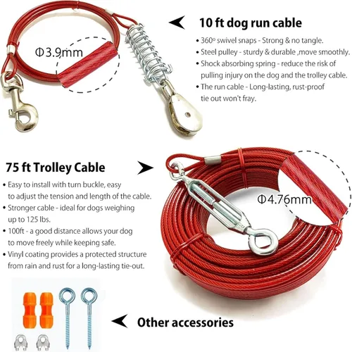 Vista 8 de Sistema de carretilla aérea resistente para perros pequeños a grandes, cable de funcionamiento de 100 pies/75 pies con cable de pasillo de 10 pies