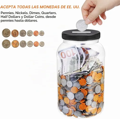 Vista 3 de Yamahiko Tarro grande transparente para monedas con tapa ranurada, caja de cambio de punta de dinero de plástico de un galón para monedas o boletos