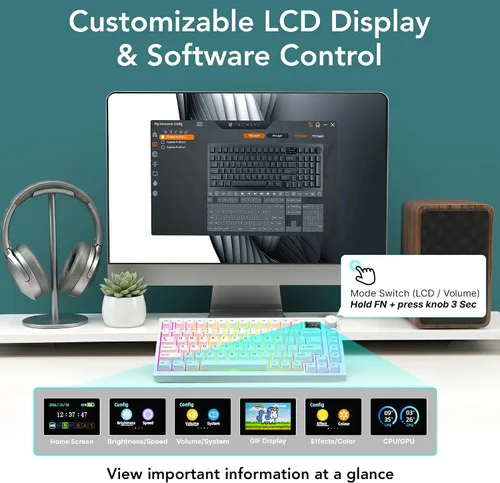 Vista 5 de TECWARE Teclado mecánico para juegos Spectre 75 Pantalla LCD personalizable y perilla Bluetooth inalámbrico de tres modos de 2.4 GHz Montaje
