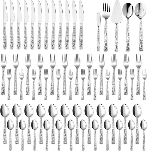 Vista 9 de E-far - Juego de cubiertos de 35 piezas con piezas de servir, cubiertos martillados de acero inoxidable para 6, moderno juego de cubiertos con borde