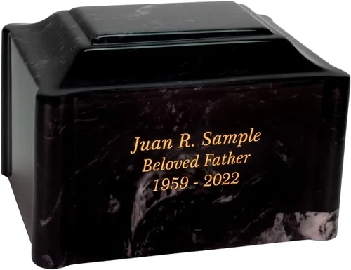 Vista 2 de Urna de cremación de mármol cultivado de claremont negro grabada personalizada, tamaño adulto, urnas de cremación para cenizas humanas, entierro