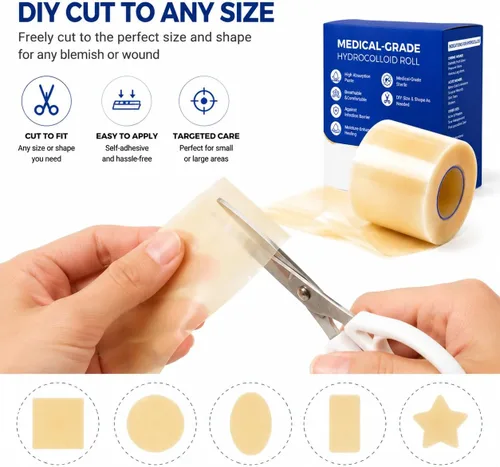 Vista 4 de Rollo hidrocoloide para el cuidado de heridas, vendajes hidrocoloides de 2 pulgadas x 5 pies con autoadhesivo, cortado a medida, ultra absorbente
