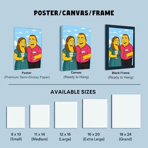 Vista 5 de Retrato personalizado estilo Los Simpsons de dibujo animado a partir de tu foto – Medio cuerpo – Prueba en 24 horas – Póster impreso o lienzo