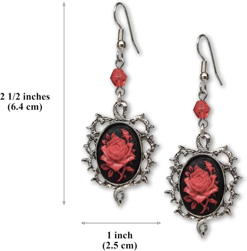 Vista 3 de Pendientes góticos de rosa roja rodeados de espinas con cuentas rojas, Metal