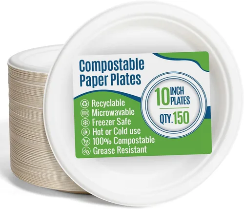 Vista 10 de Platos de papel blanco, 7 pulgadas, 150 unidades, fibra de caña de azúcar de grado alimenticio, compostable y biodegradable, para microondas