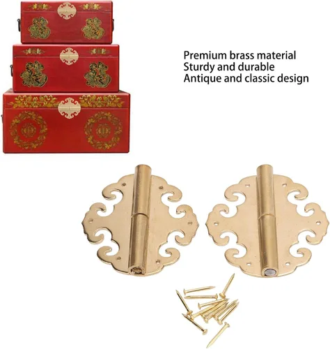Vista 3 de Paquete de 2 bisagras decorativas antiguas con diseño chino de latón antiguo para muebles, gabinete, cajón, puerta, caja de joyería, caja de regalo