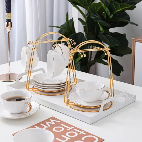 Vista 8 de Soporte de exhibición de taza de té y platillo, soporte de metal para tazas de té, soporte para tazas de té, organizador de tazas de café dorado