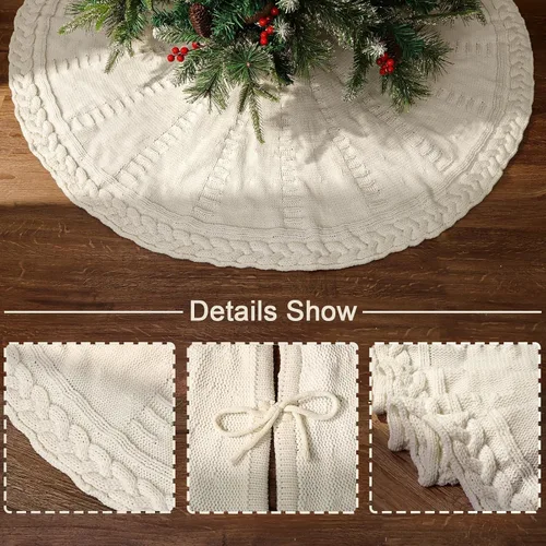 Vista 2 de Falda de árbol de Navidad de 48 pulgadas: falda de árbol de punto trenzado para árbol de 7.5 pies, falda de árbol blanco crema, faldas de árbol