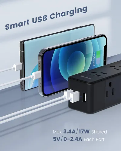 Vista 6 de Regleta protectora contra sobretensiones, 9 tomas de corriente ampliamente espaciadas con 3 puertos USB, extensor de 3 salidas laterales con cable