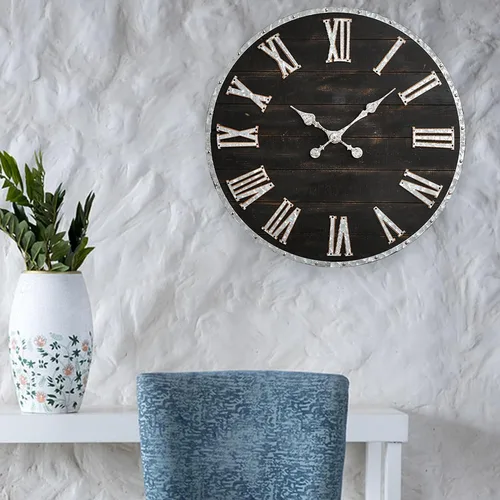 Vista 4 de Glitzhome Reloj de pared con números romanos de 28 pulgadas, reloj de pared negro enorme, de madera rústica, grande, negro, blanco, para sala