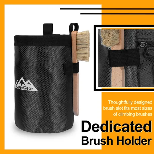 Vista 5 de supregear Bolsa de tiza para escalada en roca, bolsillo grande con cremallera con soporte para cepillo, cierre de cordón y clip de mosquetón, ideal