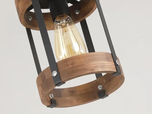 Vista 5 de Lámpara Colgante Rústica de Granja con Enchufe con Cadena Ajustable, Interruptor Regulable, Jaula de Tambor de Madera de Roble y Metal, Mini Lámpara