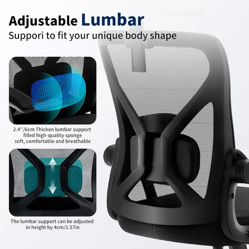 Vista 4 de Silla de oficina, silla de escritorio ergonómica con soporte lumbar ajustable, silla de computadora de malla de 400 libras, respaldo alto con Negro