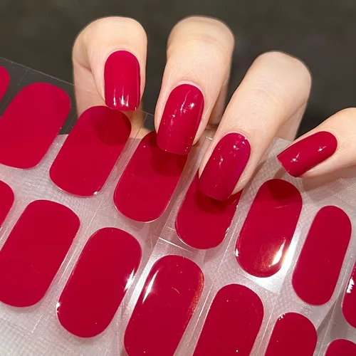 Vista 2 de Tiras de uñas de gel rojo burdeos color sólido pegatinas de gel de uñas 20 envolturas de manicura extra largas