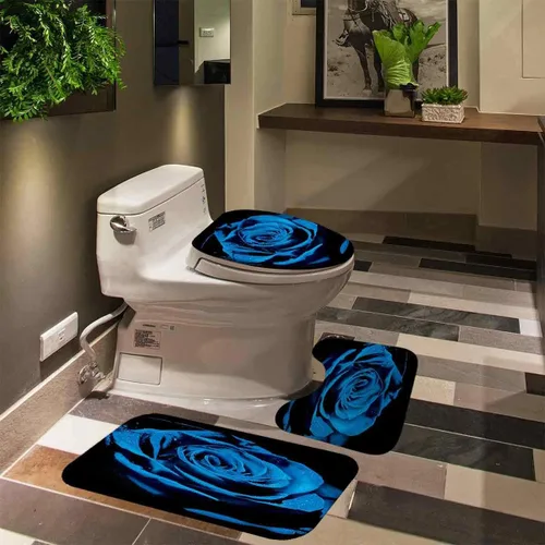Vista 5 de Juego de 4 cortinas de ducha con diseño floral azul real, decoración de baño con diseño de flores de lluvia, cortina de ducha negra de tela, regalos