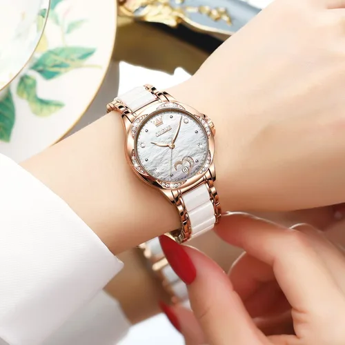 Vista 3 de OLEVS Elegante reloj automático para mujer, elegante, de cara grande, con diamante, resistente al agua, correa de cerámica de acero inoxidable