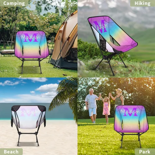 Vista 6 de Silla de camping personalizada portátil con nombre, silla plegable ligera para playa, senderismo, rosa, azul y dorado