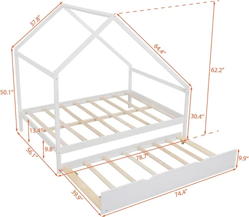 Vista 2 de Cama de casa de tamaño matrimonial con cama nido de tamaño individual, marco de sofá cama de madera maciza con techo, se puede decorar, marco