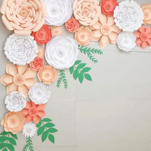Vista 7 de Decoración de flores de papel gigantes para boda, fiesta, telón de fondo de flores, flores hechas a mano para guardería, decoración de pared de Crema